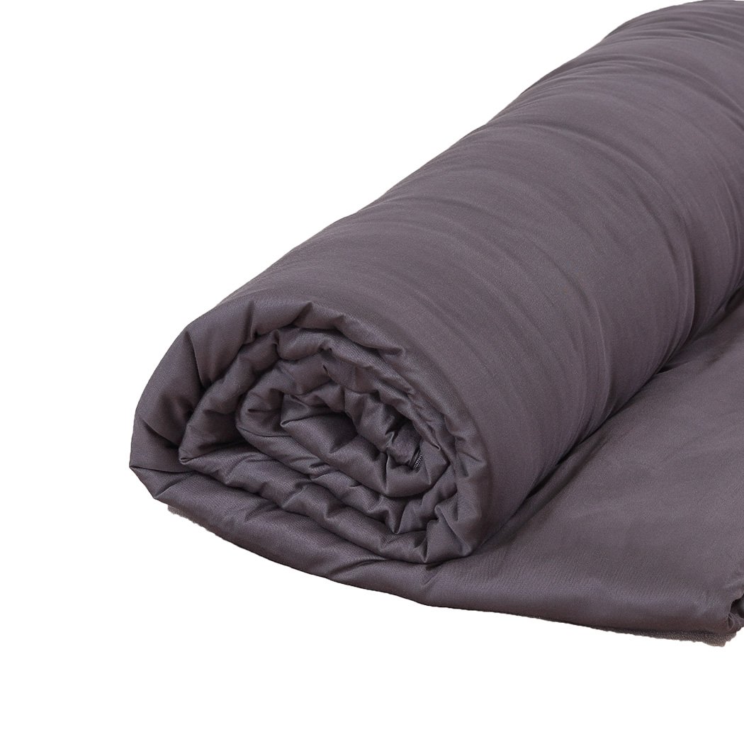 DreamZ 9KG Weighted Blanket in dark grey with a bamboo cover, showcasing its 5-layer design and removable zipped cover.